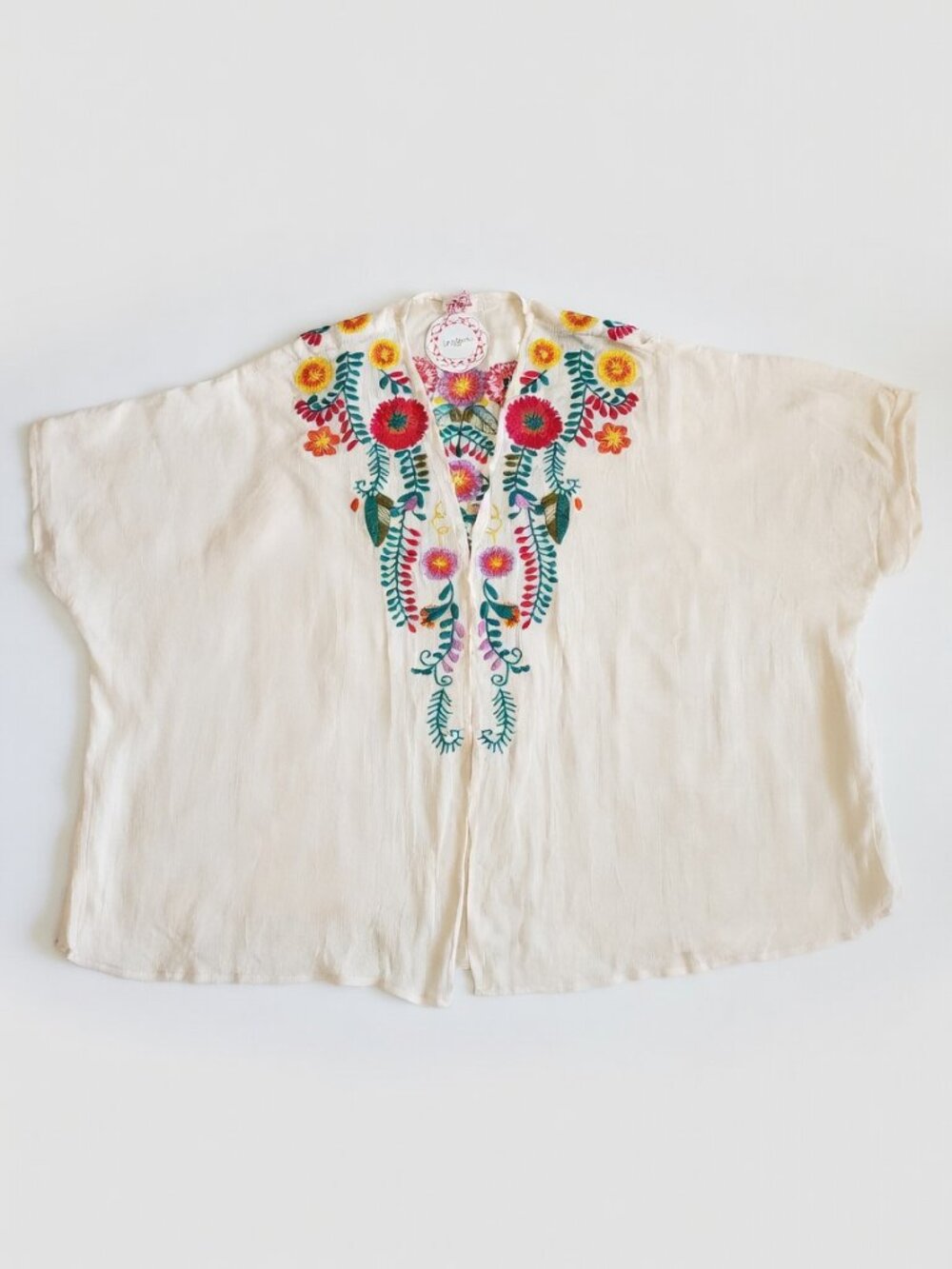 Umgee Embroidered Floral Cardigan Open Front Size M/L Cream Boho Open Front